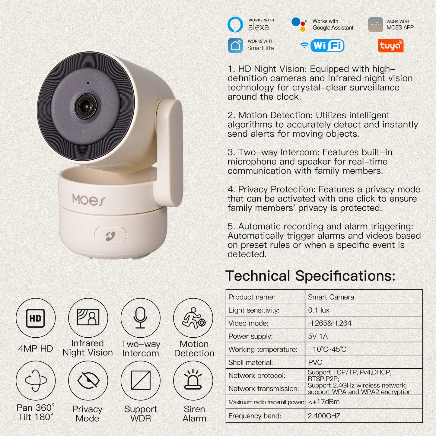 Caméra De Sécurité Intérieure WiFi 4MP Avec Vision Nocturne